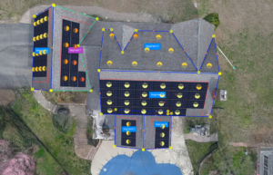 Screenshot of the roof of a home with computer generated solar panels to show the owner what the array will look like.
