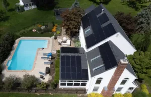 Aerial view of a residential roof-mounted solar system in Flemington, New Jersey installed by Exact Solar