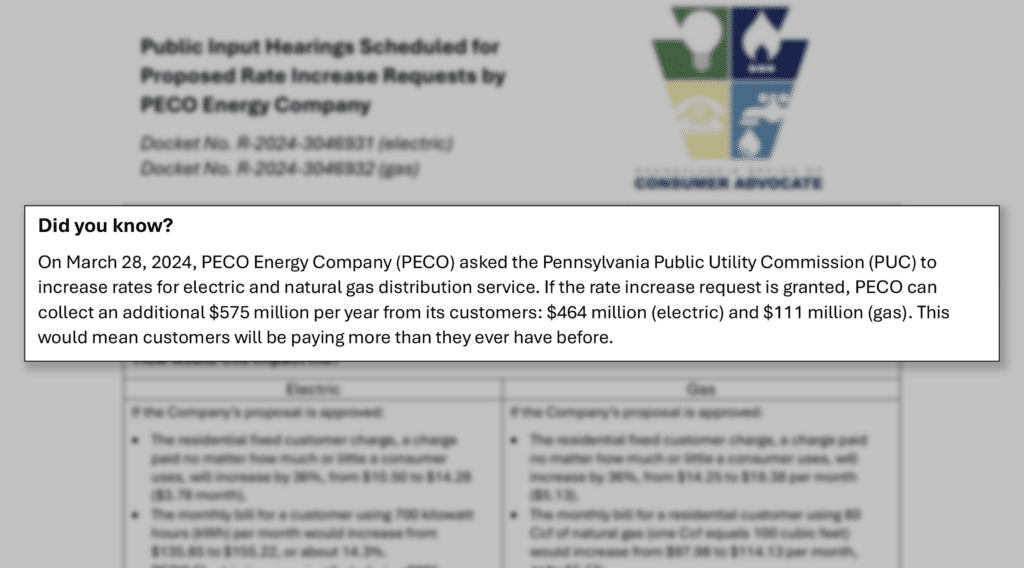 PECO’s proposed rate increase document from the Pennsylvania Office of Consumer Advocate