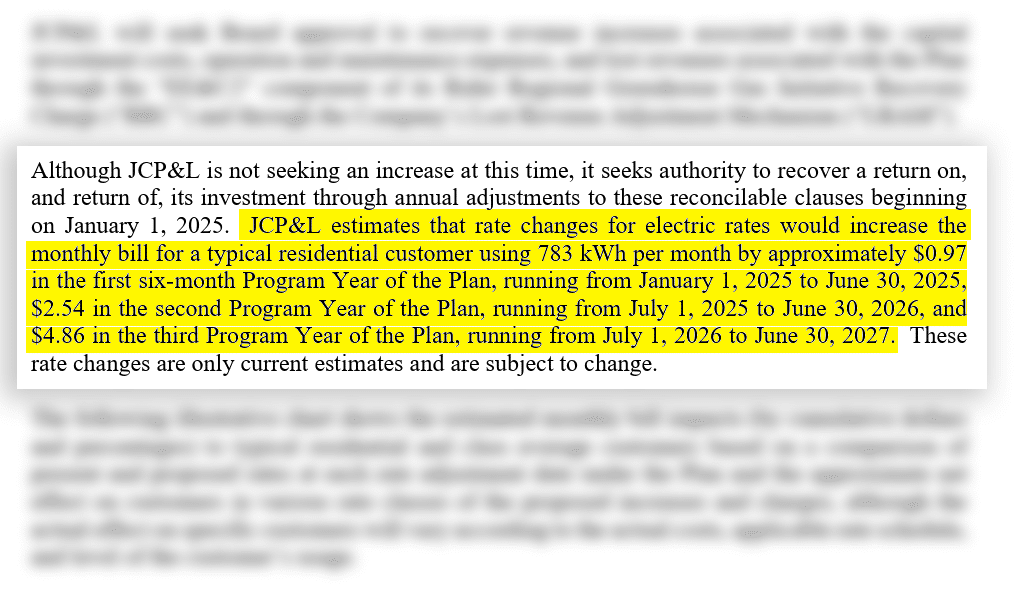 NJBPU's record of JCP&L's proposed rate increase