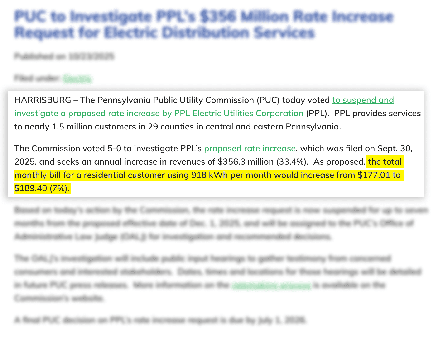 PPL Electric's application with the Pennsylvania Public Utility Commission for a 6 million rate increase