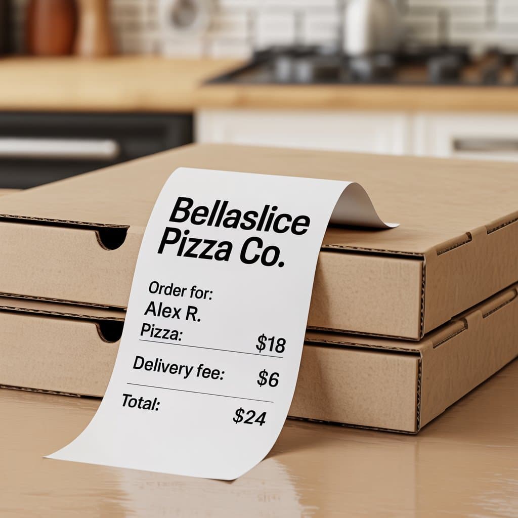 An example pizza receipt, breaking down the various charges