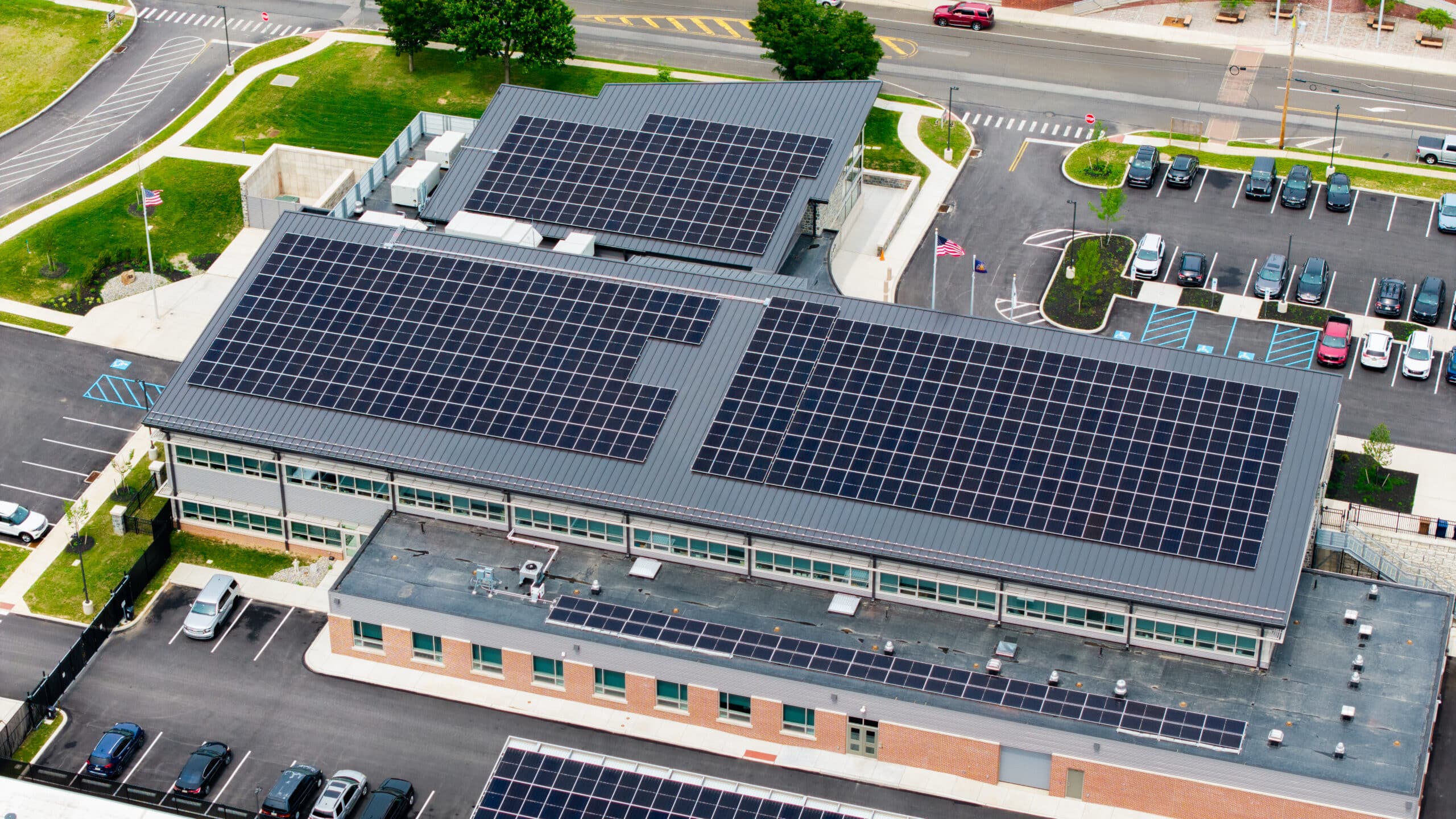 Close up aerial photo of Upper Dublin Township's commercial rooftop solar installation by Exact Solar