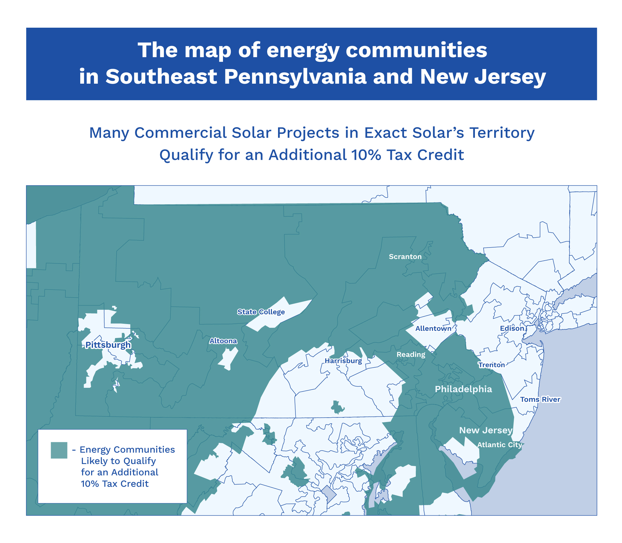 Energy community designations in southeastern Pennsylvania and New Jersey. Eligibility depends on the project’s location and the applicable IRS rules.