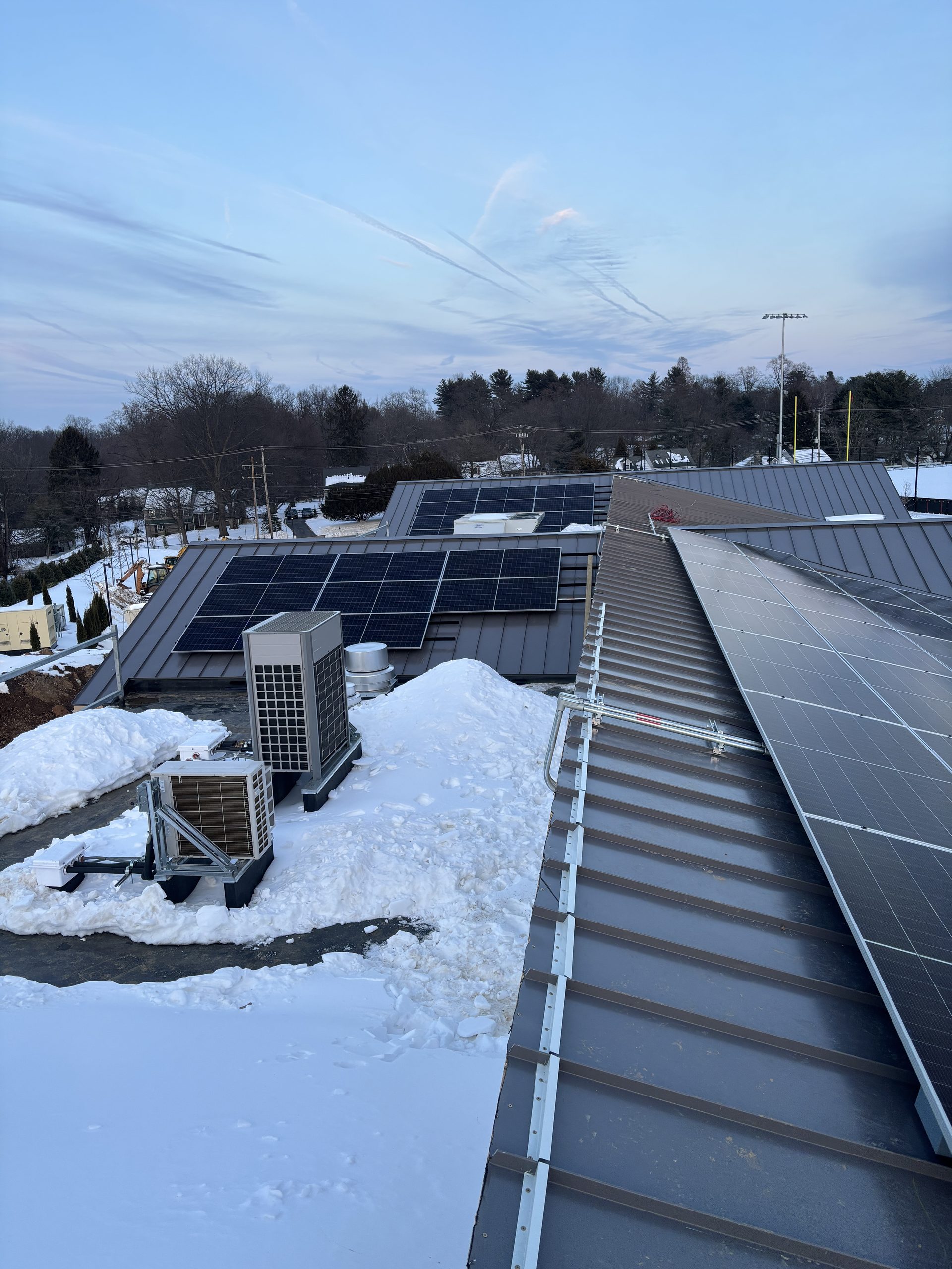 Exact Solar’s rooftop solar installation on Conestoga High School’s athletic field house in Berwyn, Pennsylvania.