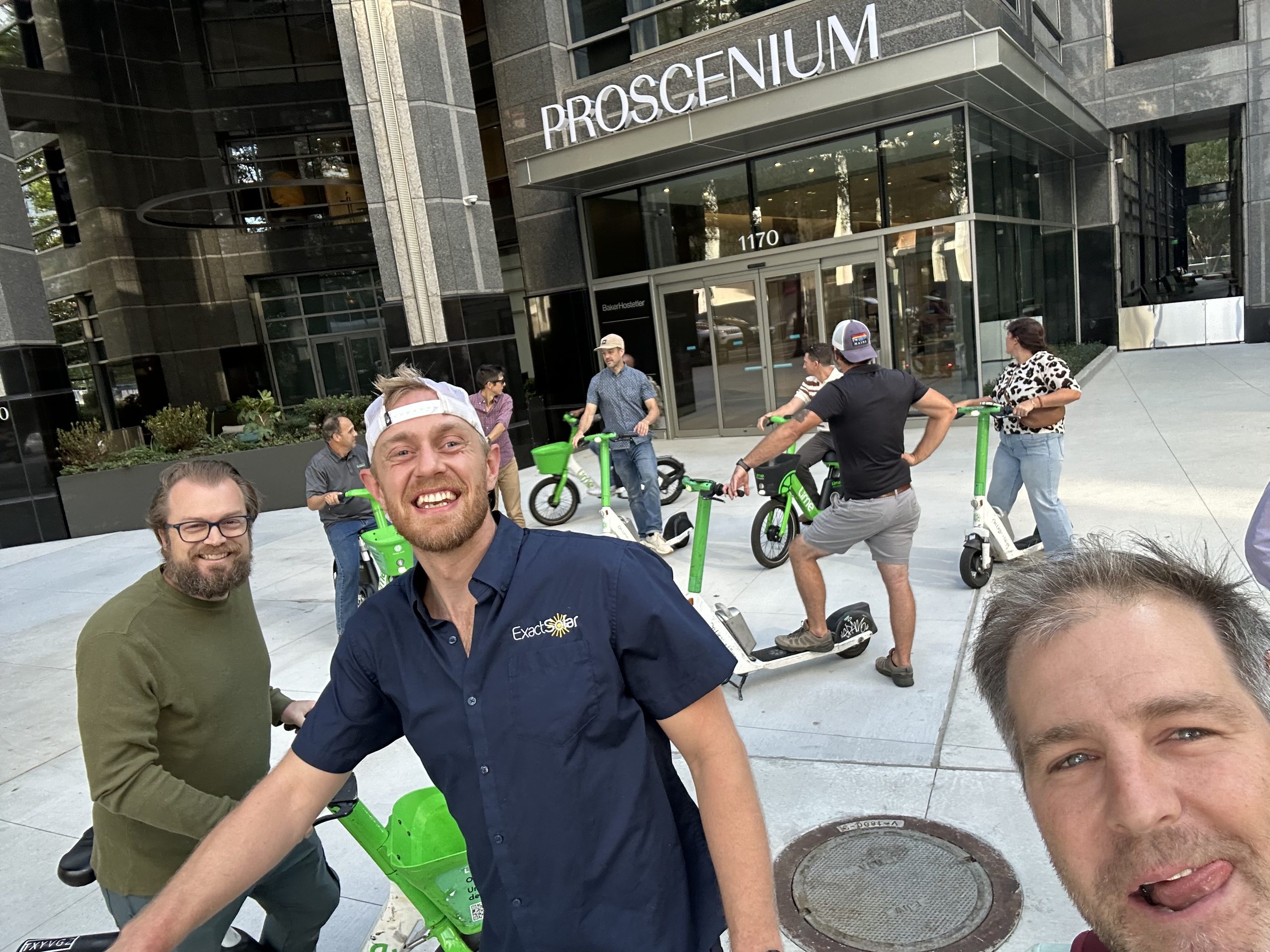 Exact Solar’s Research and Policy Specialist, Aaron Nichols, getting ready to explore Atlanta by scooter with new friends from the Amicus Sales and Marketing Conference.